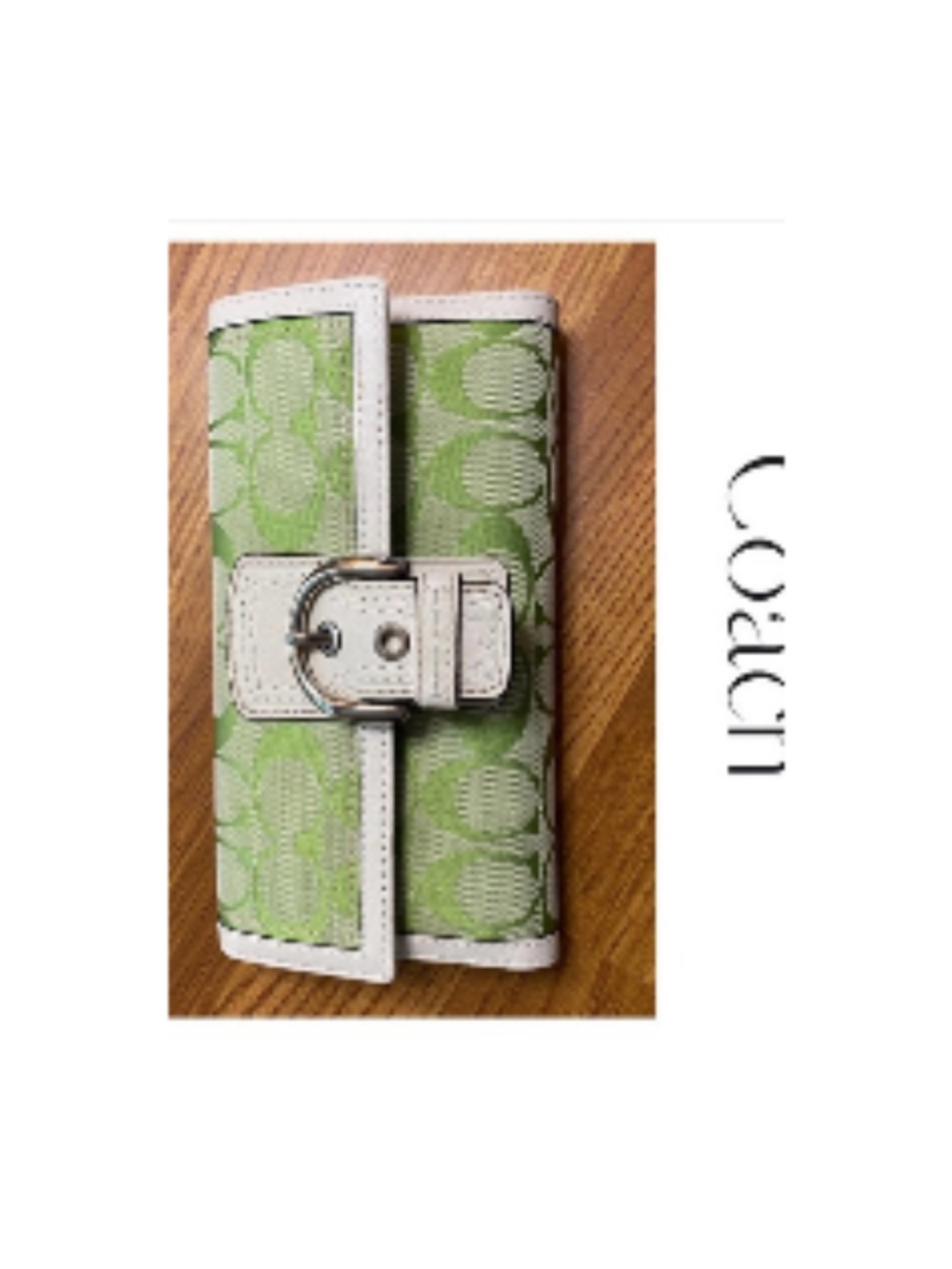 Coach Green Signature Buckle Card Wallet with White Trim